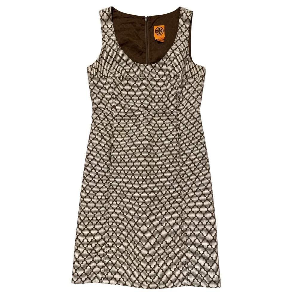 Tory Burch Brown White Geometric Diamond Cotton Shift Dress Pockets Womens 6